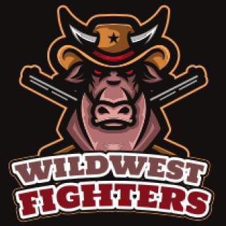 Wild West Fighters logo featuring a bull wearing a cowboy hat with crossed guns.
