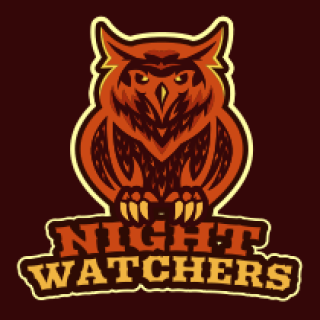 Illustrated owl logo for Night Watchers with red and yellow colors.