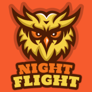 Stylized owl logo with 'Night Flight' text on an orange background.